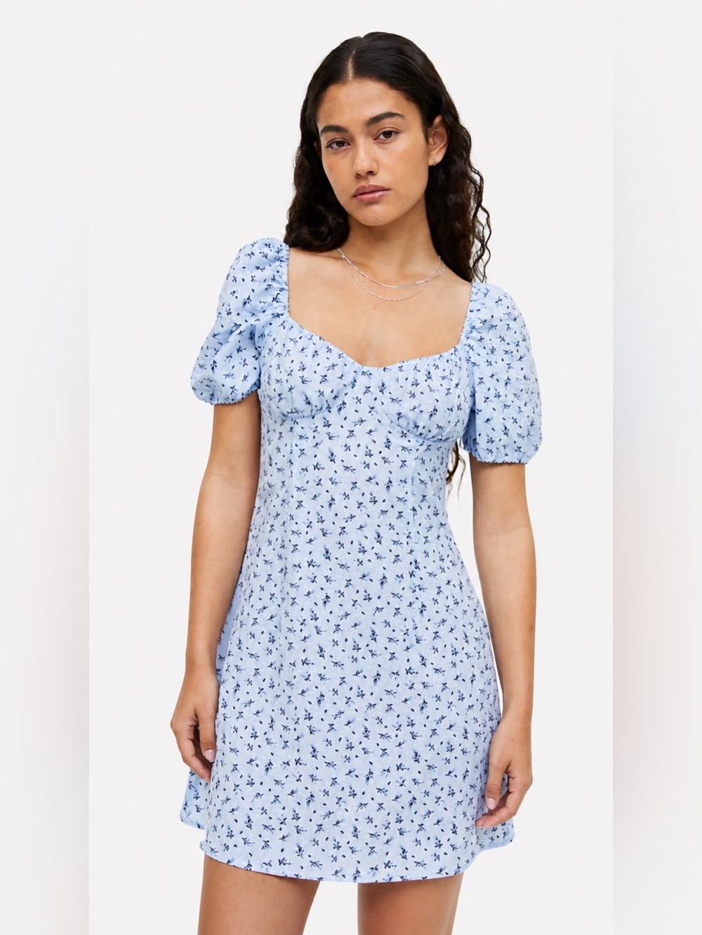 H&M Light Blue Puff Sleeve Mini Dress Creped lightweight with Navy Floral Print